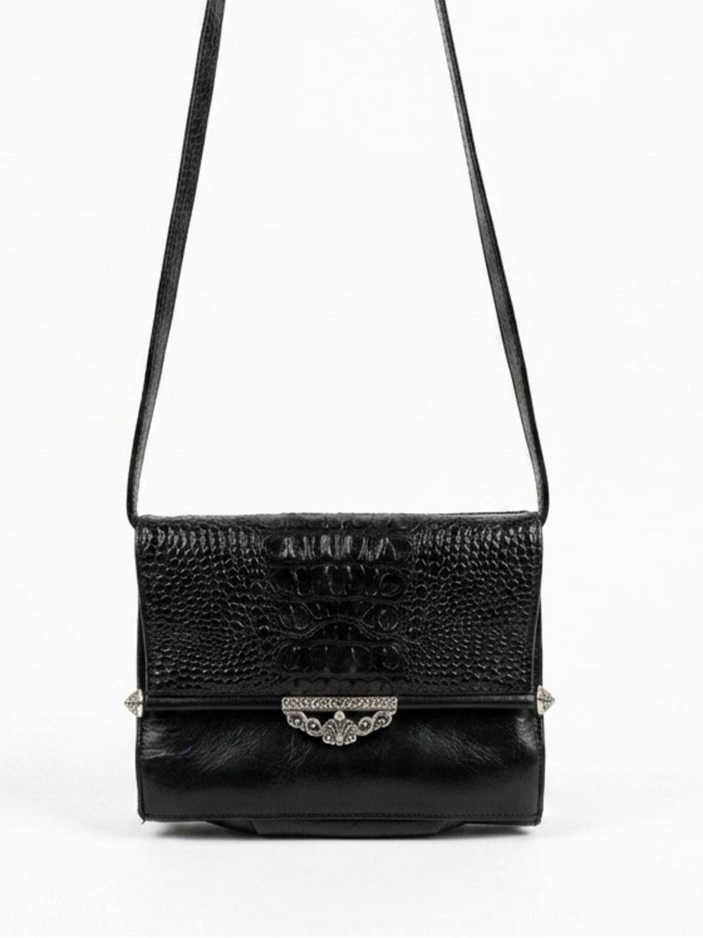 Brighton Vintage Organizer Crossbody Croc Embossed Leather Black OS